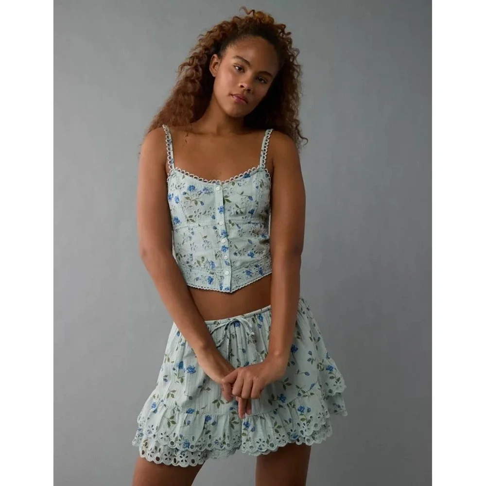 NEW American Eagle Floral Corset Top Tiered Mini Skirt Matching Set Small Blue